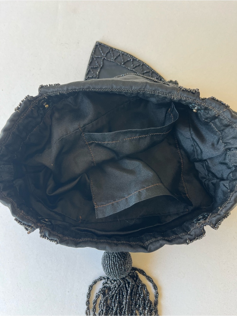 Vintage 1920s Black Beaded Drawstring Reticule Purse Tassel Evening Bag Taffeta - Picture 5 of 14